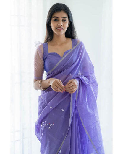 Graceful Lavender Cotton Saree With Matching Border Design - Ultimate Festive Attir