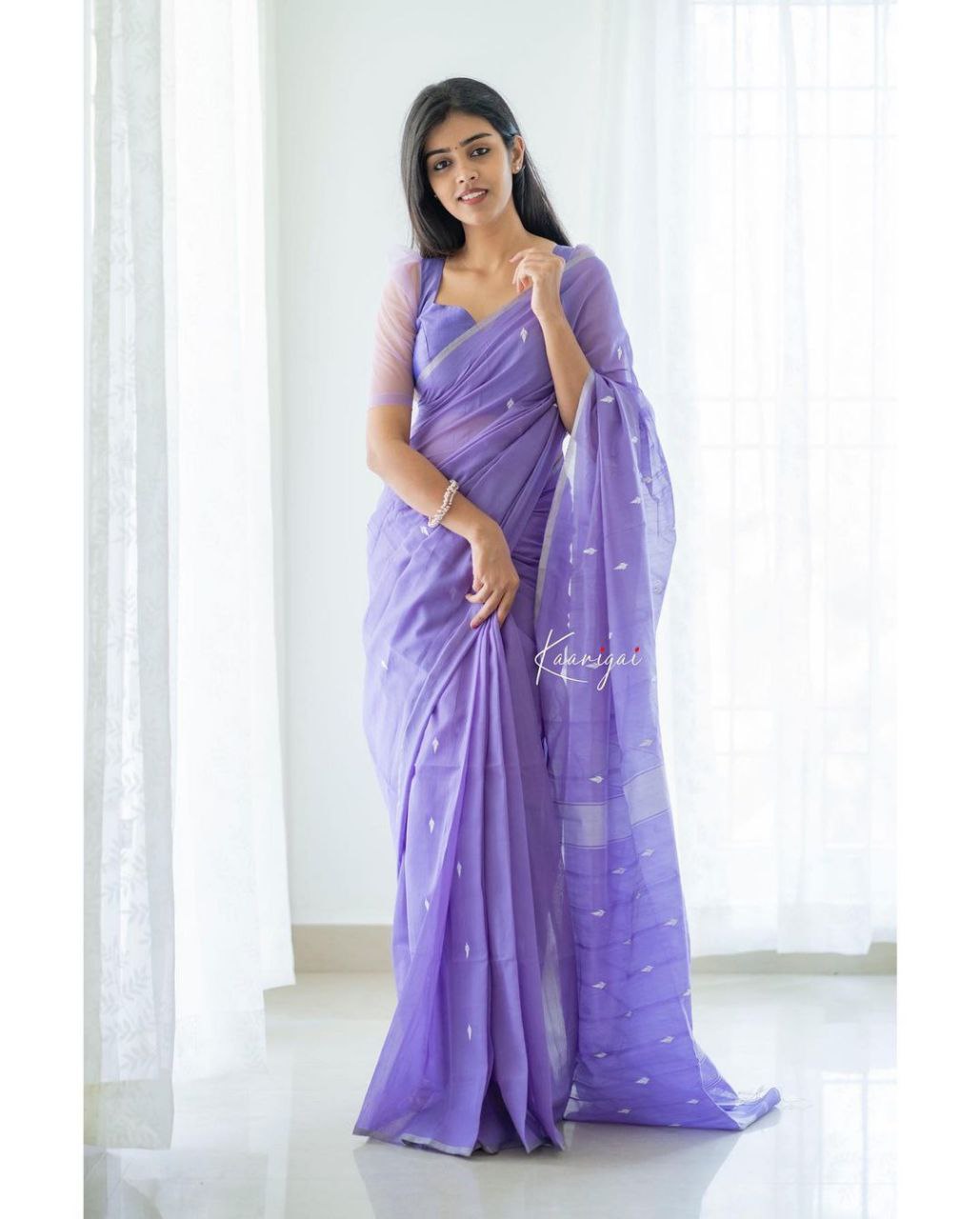 Graceful Lavender Cotton Saree With Matching Border Design - Ultimate Festive Attir