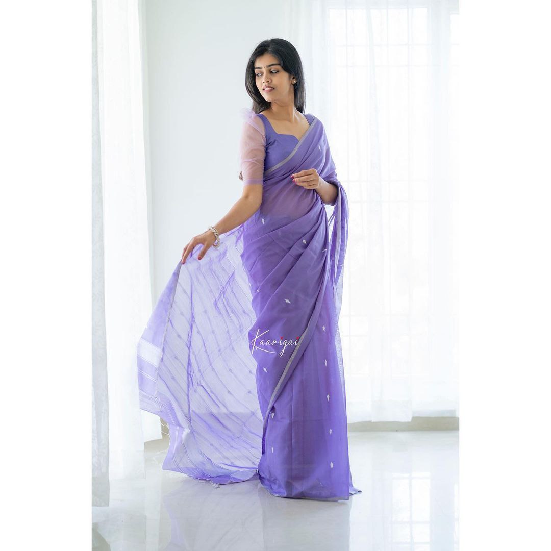 Graceful Lavender Cotton Saree With Matching Border Design - Ultimate Festive Attir