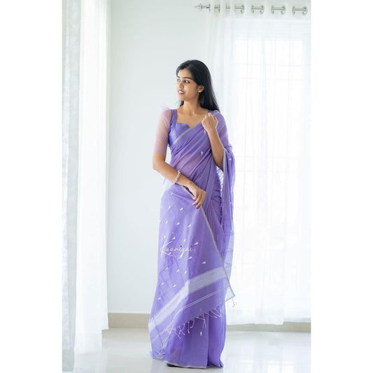 Graceful Lavender Cotton Saree With Matching Border Design - Ultimate Festive Attir