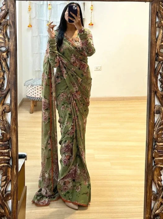 Fashion-Forward Mehndi Color Georgette Saree: Quick Draping, Stunning Look in One Minute