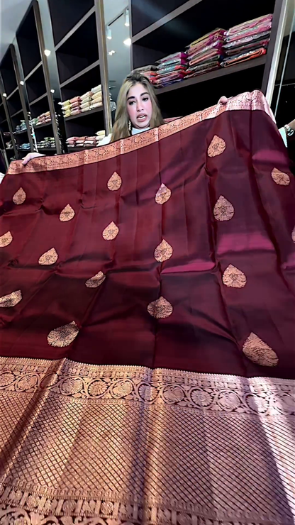 Red Dates New Design Soft Banarasi Silk Saree with Golden Zari Work