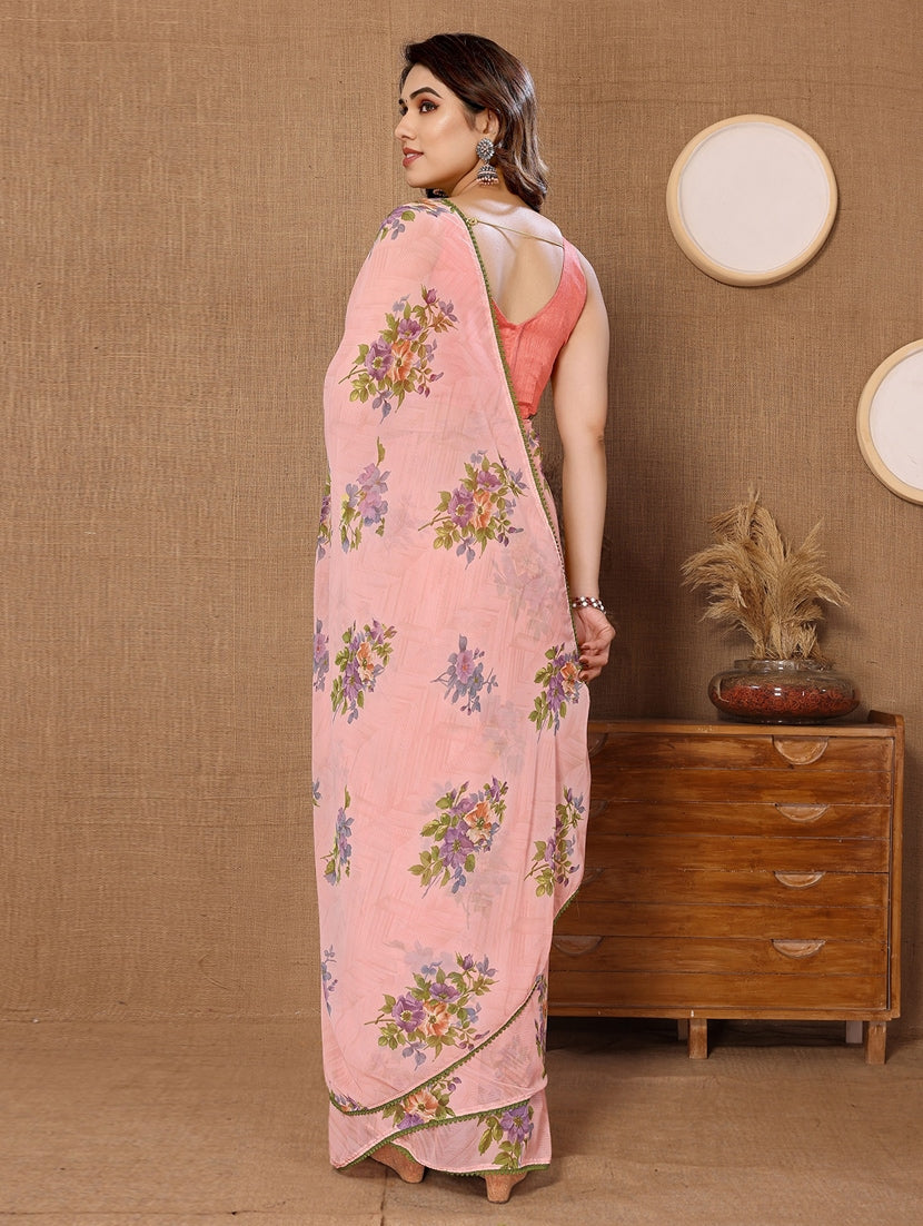 Vibrant Georgette Saree: Peach Color Design for Easy One-Minute Draping